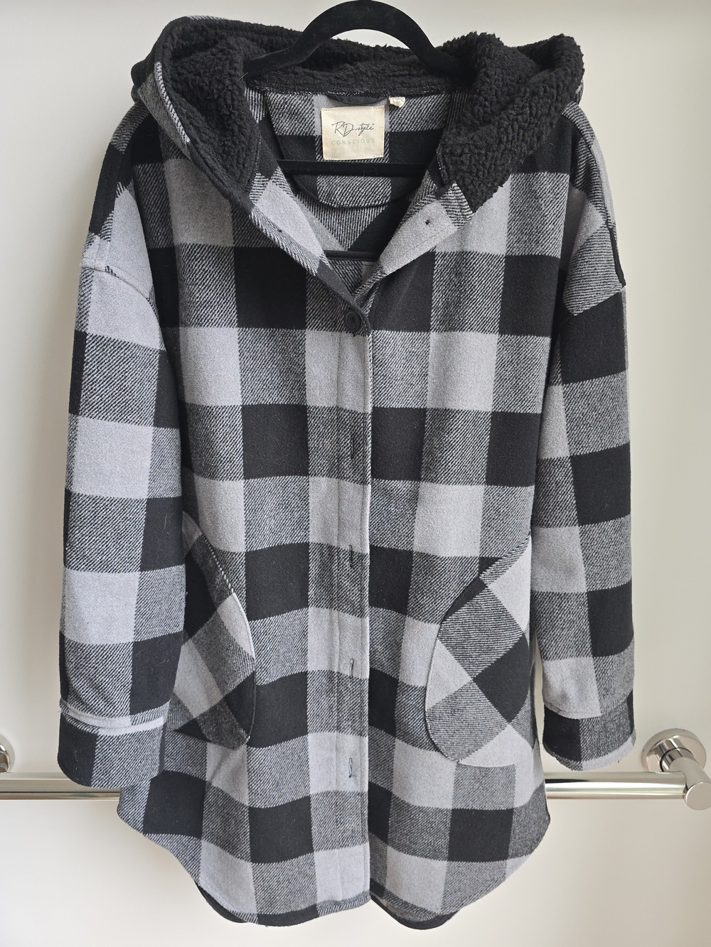 Hooded Buffalo Check Coat/Shacket - Black/Gray - Women's Medium